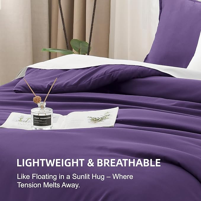 Litanika Dark Purple Comforter Set Queen Size, 3 Pieces Lightweight Solid Bedding Comforter Set, All Season Fluffy Bed Set (90x90In Comforter & 2 Pillowcases)