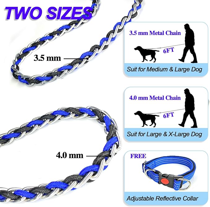 Dog Leash Rope Chain, Nylon Rope Metal Chain for Pet Leads. 6ft Heavy Duty Chew Proof Training Walking for Medium Large Dogs. (Large, Blue&Black)