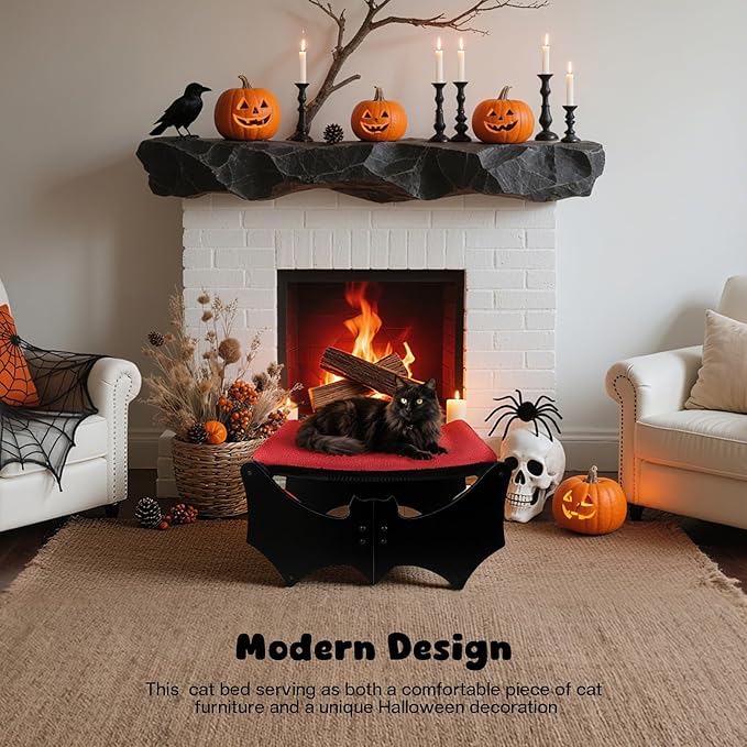 Halloween Gothic Cat Bed with Bat Design, Wooden Elevated Cat Beds with Sisal Scratching Mat, Cats Scratcher Bed with Removable Fluffy Cushion, Raised Pet Bed for Large Cats, 22" L x 17.7" W, Black-Mewly Pet