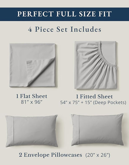 LANE LINEN 100% Organic Cotton Eco Friendly Full Size Sheet & Pillowcase Sets, 15" Deep Pocket Fully Elasticized Soft & Comfy Percale Bedding, Naturally Temperature Regulating Sheets Full- Silver
