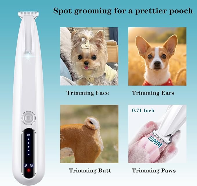 2 Mode Paw Trimmer for Dogs & Cats - Electric Quiet Dog & Cat Grooming Trimmer, Rechargeable Clipper with LED Light, 2 Blades, Waterproof for Paws/Ears/Face-Mewly Pet