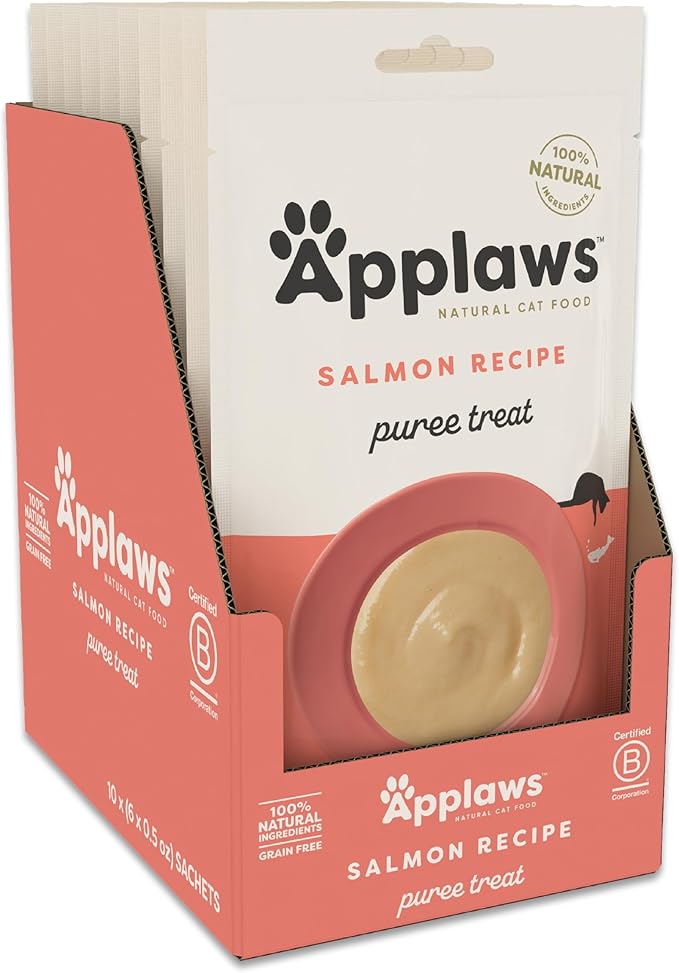Applaws Lickable Cat Treats, Natural Grain-Free Purée, Limited Ingredient, Salmon Squeeze Up Cat Treats (60 x 0.5 oz Sachets)-Mewly Pet