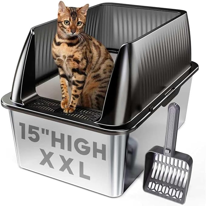 Tripamin 15” XL Stainless Steel Cat Litter Box Enclosure, XXL Stainless Steel High Sides with Lid, Extra Large Metal Cat Litter Box (Translucent Black, XX-Large)-Mewly Pet