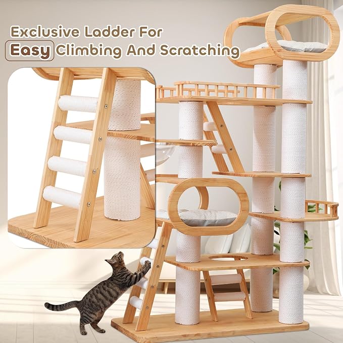 76.8'' Tall Modern Large Cat Tree,Multi-Level Wood Cat Tower for Indoor Cats Large Adults,Luxury Heavy Duty Cat Condo with Cushion,Scratching Posts,Clear Hammock Activity (76.8inch)-Mewly Pet