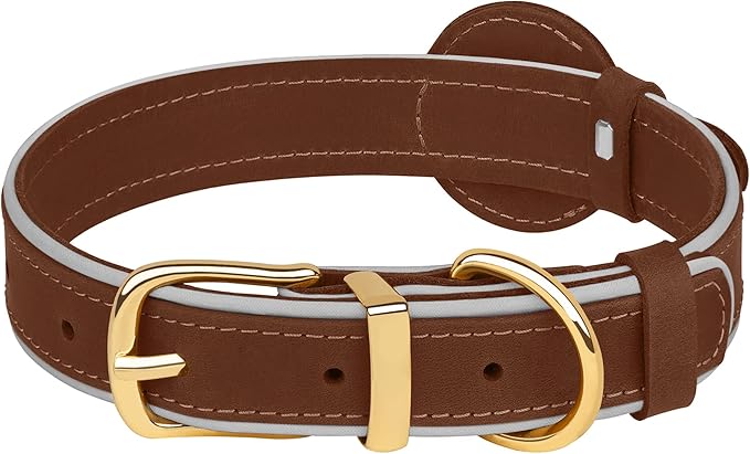 OOPSDOGGY Reflective Geniune Leather Airtag Dog Collar Soft Padded Collars for Small Medium Large Breed Dogs Puppy, 4 Sizes, 7 Colors (Brown, Large, 15"-19")-Mewly Pet