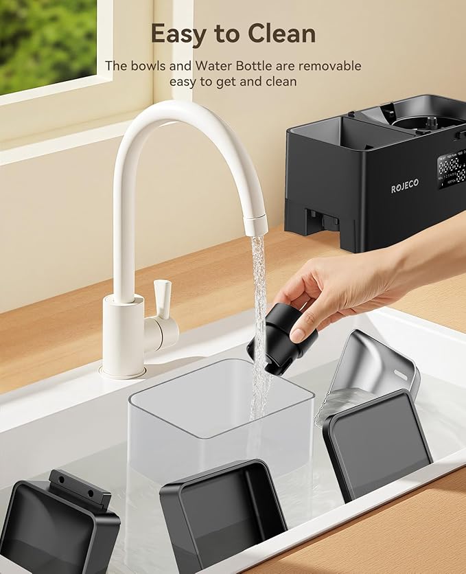 Rojeco 36Cups/8.5L Pet Automatic Cat Feeder and Gravity Water Dispenser,Stainless Steel Bowls 2-in-1 Set Large Capacity 5L Food Feeder and 3.5L Water Fountain for Cats,Pets,Small Dogs,Black-Mewly Pet