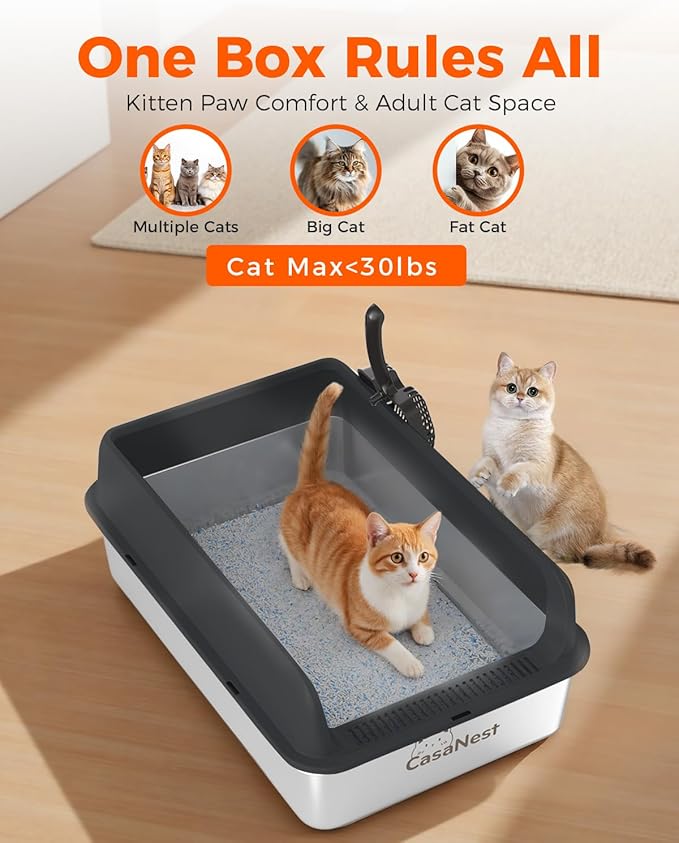 XXXL Stainless Steel Cat Litter Box 28.1''×20.5''× 10.1” Extra Large Metal Cat Litter Box for Big, Multi Cats, Anti-Leakage & Non-Stick Metal Pan, Easy to Clean, Durable (Black-Mewly Pet