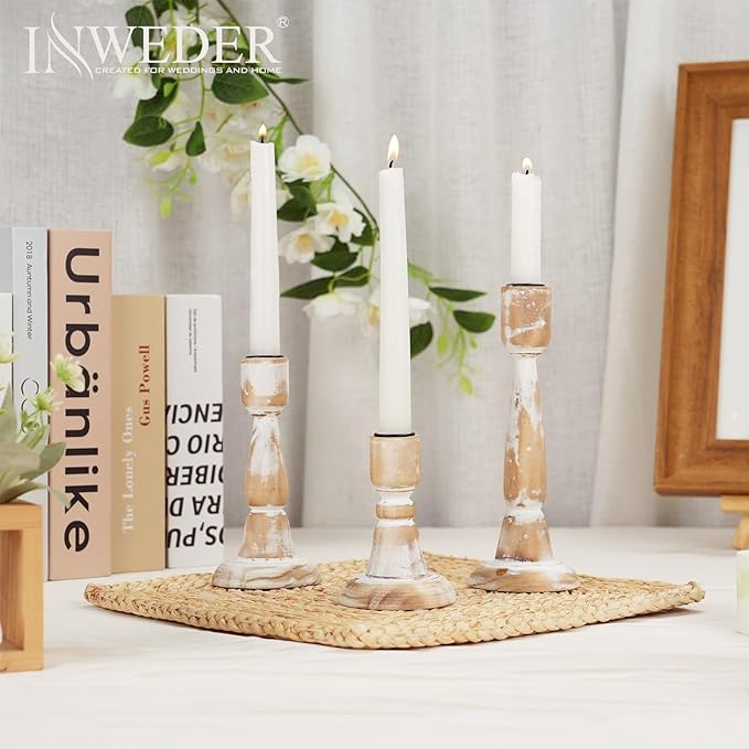 Wooden Taper Candle Holders: Wood Candlestick Holders Rustic Farmhouse Fall Decor for Living Room Dinning Table Centerpiece Christmas Set of 3