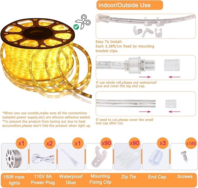 SURNIE 150FT LED Rope Lights Outdoor: Waterproof Flexible 110V 3000K Warm White LED String Light - Cuttable Connectable Clear Lighting Tube for Indoor Stairs Patio Garden Party Decor, Not Flat Strip
