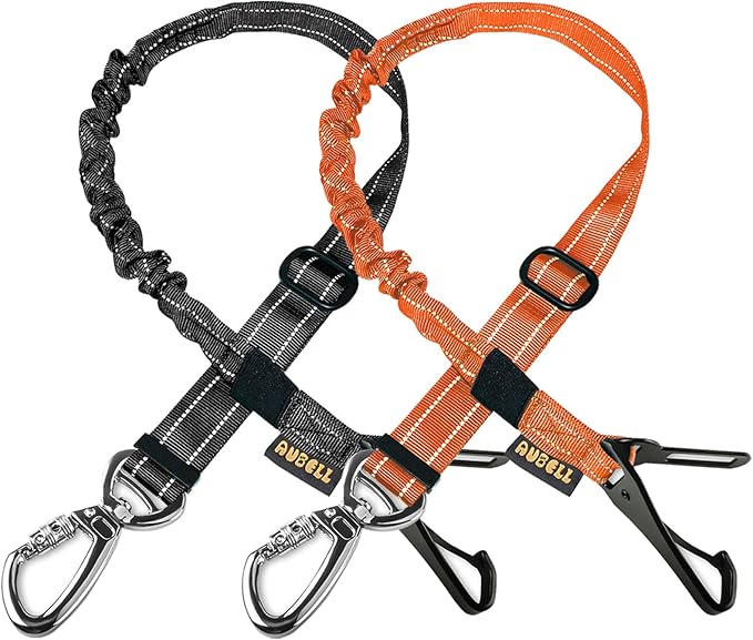 AUBELL Dog Seat Belt for Car,2 Pack Set 3-in-1 Adjustable Reflective Bungee Heavy Duty Dog Car Harness Tether with Clip Hook Latch & Buckle,Swivel Zinc Alloy Carabiner,Black+Orange-Mewly Pet