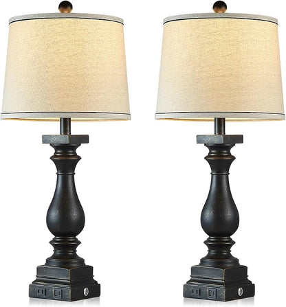 28" Tall Farmhouse Table Lamps with USB C+A Ports and AC Outlet, 3 Way Touch Control Rustic Bedside Lamps for Bedroom, Black Vintage Nightstand Lamps for Living Room Office
