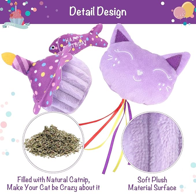 BINGPET Cat Birthday Catnip Toys for Indoor Cats,Cat Birthday Hat,Bandana and Cat Birthday Cake Interactive Plush Kitten Chew Toys,Cute Fish,Balloon Toys with Crinkle Paper and Catnip Inside(Purple)-Mewly Pet