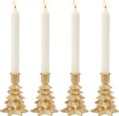 WDS WONDROUS Christmas Tree Candle Holders Set of 4 – Taper Candle Holders for Christmas Decorations, Gold Resin Candlestick Holders with Table Top, Metal, Dining Table Centerpieces & Holiday Decor