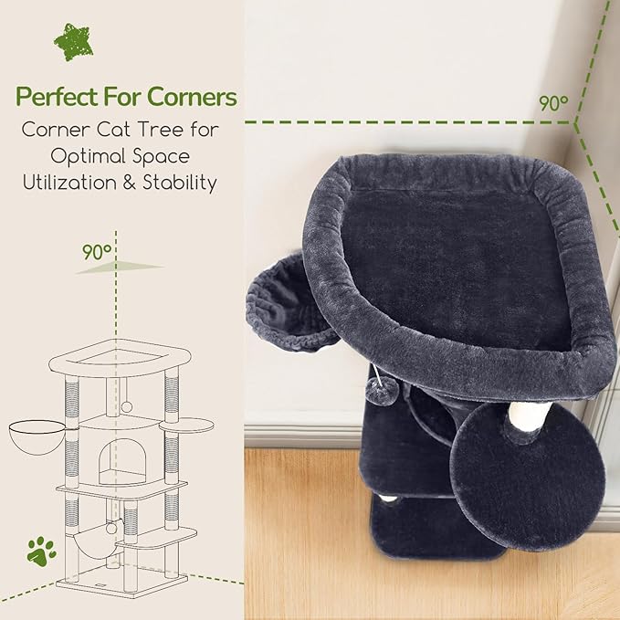 Globlazer Corner Cat Tree Tower for Indoor Cats, 51in Multi-Level Cat Condo Tower with Large Hammock, 7 Sisal Scratching Posts, Oversized Top Perch, Spacious Cat Cave, Hanging Basket, C51, Dark Grey-Mewly Pet