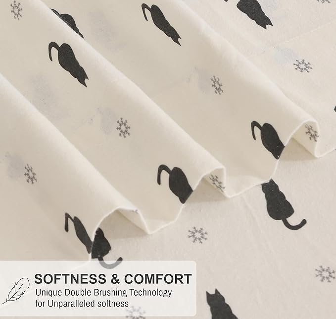 RUVANTI Flannel Sheets Queen Size - 100% Cotton Double Brushed Bed Sheets, Deep Pockets 16 Inches Queen Sheet Set, All Seasons Breathable & Extra Soft - Warm & Cozy, 4 Piece, Black Cat