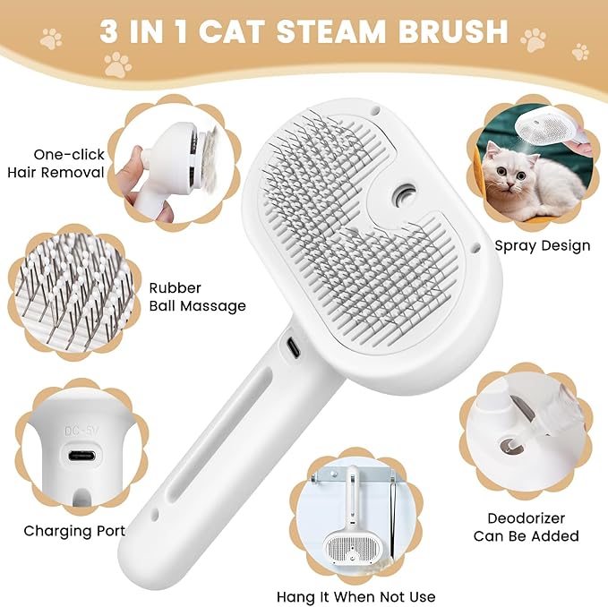 Cat Steam Brush, 3 In 1 Steamy Cat Brush with Release Button and Tank, Anti-Static Pet Spray Hair Removal Comb, Rechargeable Dog Steam Comb for Furry Pet-Mewly Pet