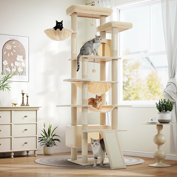 Large Cat Tree for Big Cats & Multi-Cat Homes, 81 Inch Tall Cat Tower with Sturdy Metal Hammock, 6 Sisal Scratching Posts, 2 Cozy Condos, 2 Top Perches - Multi-Level Cat Tower, Beige-Mewly Pet