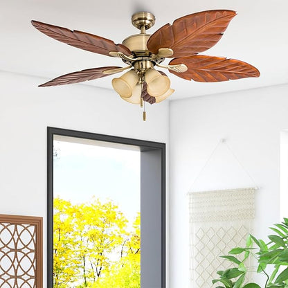 Honeywell Ceiling Fans Royal Palm, 52 Inch Tropical LED Ceiling Fan with Light, Pull Chain, Three Mounting Options, Hand Carved Solid Wood Blades - Model 50504-01 (Aged Brass)
