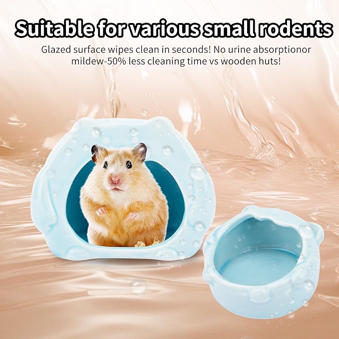Bear-Shaped Hamster Hideout & Food Bowl Set - Ceramic Habitat for Syrian Dwarf Hamsters, Mice, Gerbils - All-Season Use, Chew-Proof Ceramic House and Feeding Dish for Small Pets(Blue)-Mewly Pet