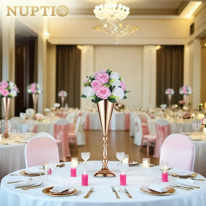 NUPTIO Pcs of 2 Fake Flower Ball Arrangement Bouquet,15 Heads Plastic Roses with Base, Suitable for Our Store's Wedding Centerpiece Flower Rack for Parties Valentine's Day Home Décor (Pink & White)