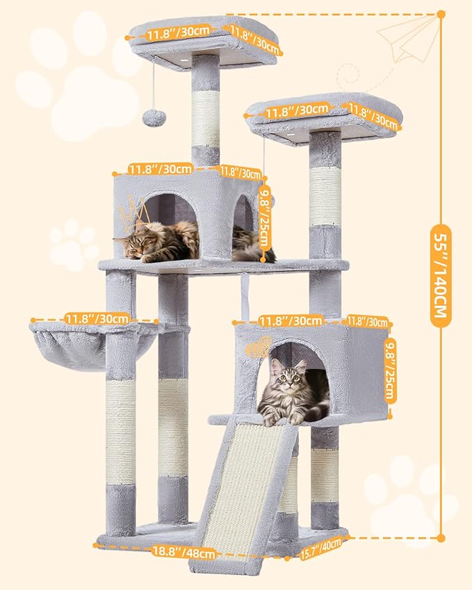 Taoqimiao 56.3-Inch Cat Tree, Cat Tower with Scratching Posts, Cat Tree House for Indoor Cats with hammocks, Toys, Condo and Large Scratch Board, Light Gray MS012W-Mewly Pet