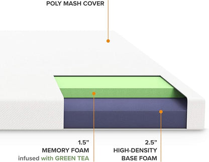 Mellow 4 Inch Memory Foam Mattress Topper with Cover, Calming Green Tea Infusion, Short Queen