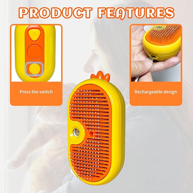 3-in-1 Rechargeable Steam Brush for Cats & Dogs - Anti-Static Spray Pet Grooming Brush with Warm Mist Massage, Hair Shedding Control, Detangling Comb & Cleaning Tool for Effective Deshedding-Mewly Pet