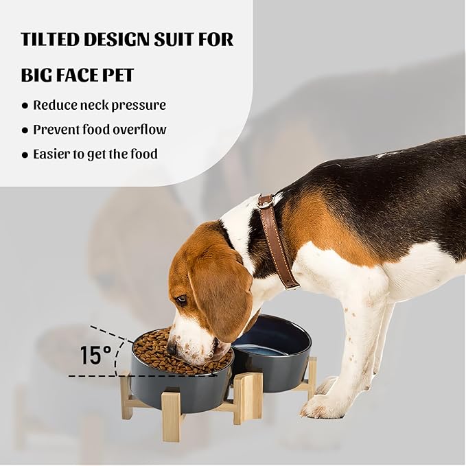 SPUNKYJUNKY 15° Slanted Ceramic Dog and Cat Bowl with Wooden Stand, Tilted Bulldog Food and Water Bowl No Slip Non-Spill for Cats Medium Dogs Big Face Pets 28.7 OZ (3.6 Cups, Starry Blue × 2)-Mewly Pet