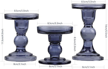 GMWD 3 Pcs Glass Candle Holder Set Clear, Blue Candlesticks Holders Pillar Taper Candles Tealight Stand for Wedding Centerpieces Home Decorations Dining Table