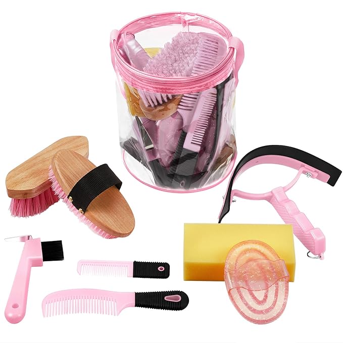 9 Pieces Horse Grooming Kit Tack Room Supplies Set with Organizer Tote Bag, Oval Massage Curry, Hard and Soft Brush, Hoof Pick, Sweat Scraper, Bathing Sponge, Combs for Horse Riders Beginners (Pink)-Mewly Pet