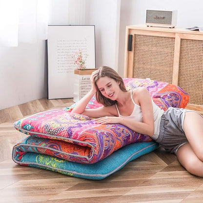 MAXYOYO Bohemian Retro Floor Mattress Boho Floral Style Japanese Futon Tatami Mat Foldable Bed Portable Camping Sleeping Pad Lounger Couch King Size
