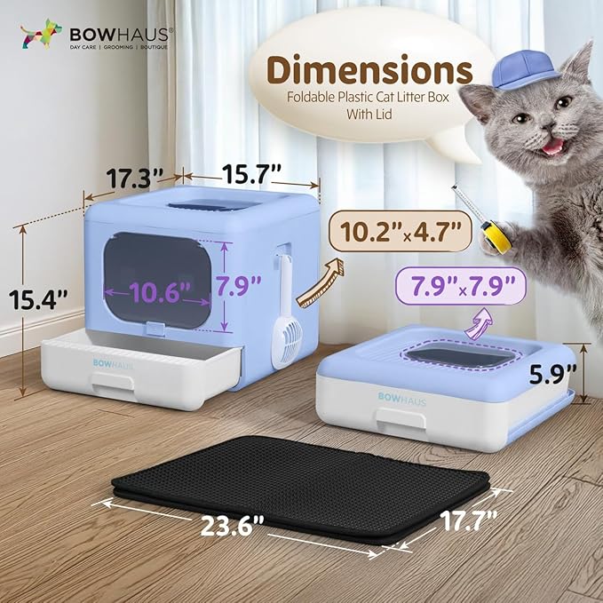 Foldable Cat Litter Box w/Lid, Scoop & Mat, Drawer Design Cat Toilet for Kitten, Two-Way Entry Kitty Litter Box, Odor Control & Easy to Clean, Blue-Mewly Pet