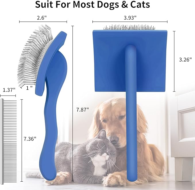 Slicker Brush for Dogs, Long Pin Dog Grooming Brush for Goldendoodles, Poodles, Doodles & More, Includes Bonus Pet Comb, Perfect for De-Shedding, Dematting & Reducing Tangles. Large, Blue-Mewly Pet