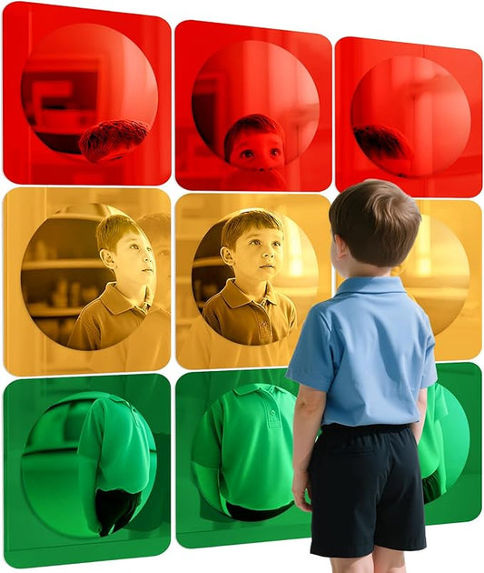 Geiserailie 9 Pcs Christmas Sensory Wall Mirror Acrylic Bubble Mirror Toys for Classroom Calming Corner Items - Sensory Room Have Visual, Tactile Stimulation (10 x 10 Inch,Red,Yellow,Green)