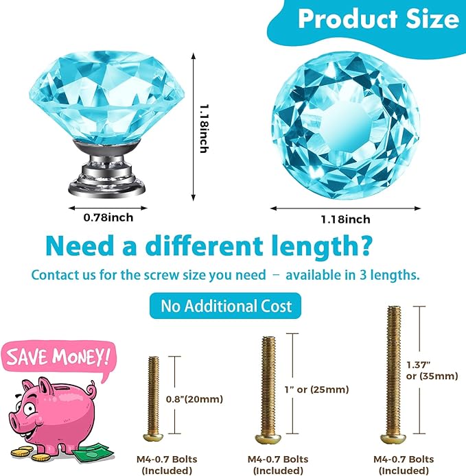 DEELF 30 Packs Kitchen Cabinet Knobs, 30 mm Crystal Cabinet Knobs, Diamond Dresser Handle Drawer Pulls, Dresser Knobs for Cabinets and Drawers, Light Blue