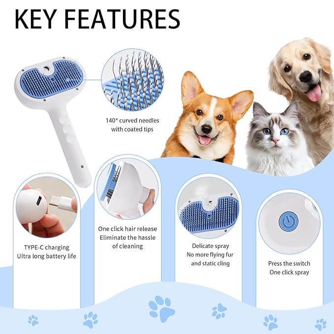 Cat Steam Brush for Shedding,3 In 1 Steam Brush for Dogs & Cats,Spray Hair Removal Comb,Includes Waterless Shampoo,Suitable for Long-haired and Short-haired Pets-Mewly Pet