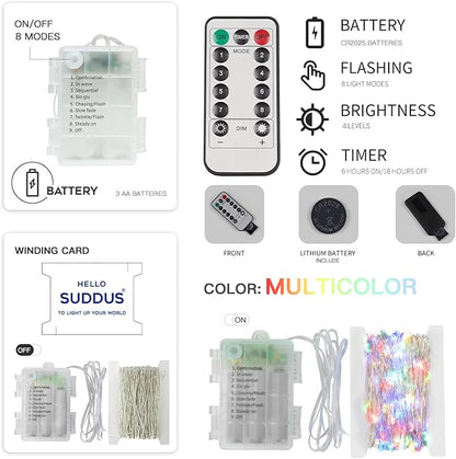 suddus 33ft 100 LED Outdoor String Lights, Multi Color Fairy Lights Battery Operated with Remote, Led Twinkle Lights for Bedroom, Backyard, Wedding, Tree, Mason Jar, Wall, Centerpiece, Christmas