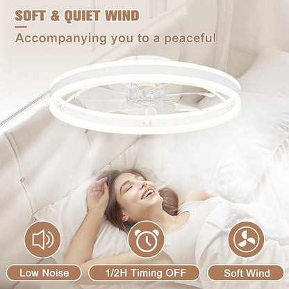 VOLISUN Low Profile Ceiling Fans with Lights and Remote, 23.6in Flush Mount Ceiling Fans with Light, 3000K-6500K Dimmable Fandelier LED Fan Light, White Bladeless Ceiling Fans with Lights for Bedroom