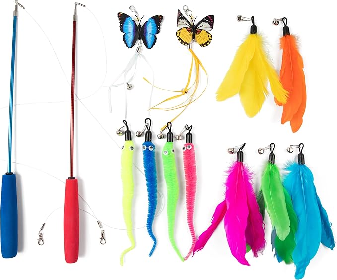 PAWSITIVE Interactive Cat Toys - Retractable Feather Wand with Refill Set 12PCS - Perfect for Indoor Cats to Chase, Exercise & Bond with Their Owners-Mewly Pet