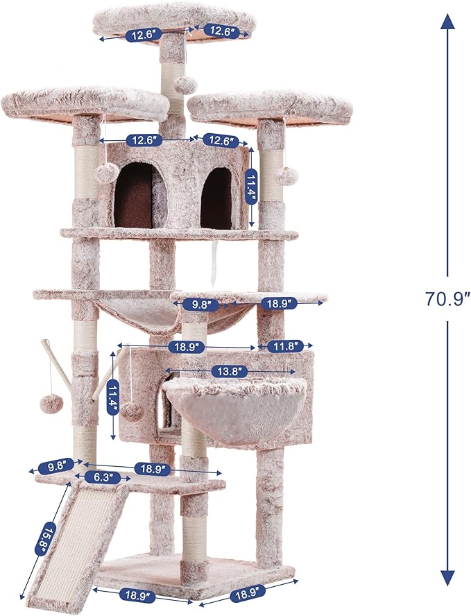 Hey-brother Cat Tree, 71 inches XL Large Cat Tower for Indoor Cats, Multi-Level Cat House with 3 Padded Perches, Big Scratcher, Cozy Basket, 2 Cat Condos and Scratching Posts, Muchroom MPJ034MU-Mewly Pet