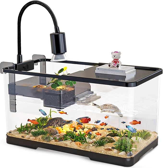 (Tank + Light + Filter + Filter Balls) Turtle Tank Kit, Turtle Tank Starter Kit,Bottom Drainage, Multi-Function Areas for Turtles, Crabs,Fishes, Amphibians,Reptiles. (15.75 x 8.64 x 8.64 Inch)-Mewly Pet