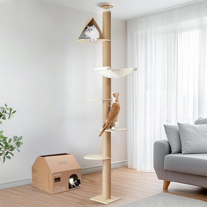 FUKUMARU Floor to Ceiling Cat Tree, 6 Level Adjustable Height (6-10 ft) Climbing Tower with Thickened Scratching Posts, Cats Activity Center with Cozy Hammock - Beige-Mewly Pet