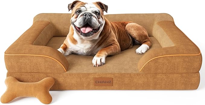 Dog Beds for Large Dogs, Orthopedic Dog Bed with Cooling Gel Memory Foam, Waterproof Large Pet Bed with Removable Washable Cover, 36" Pet Sofa Couch Dutch Velvet with Bone Toy, Brown-Mewly Pet