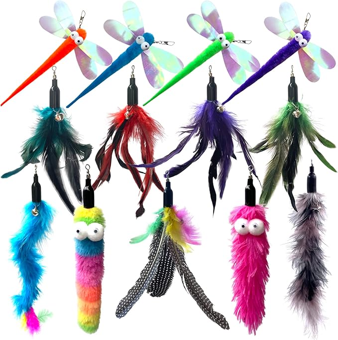 Cat Worm & Dragonfly Teaser Wand Attachments - 13 Pcs Assorted Refills with Bell-Mewly Pet