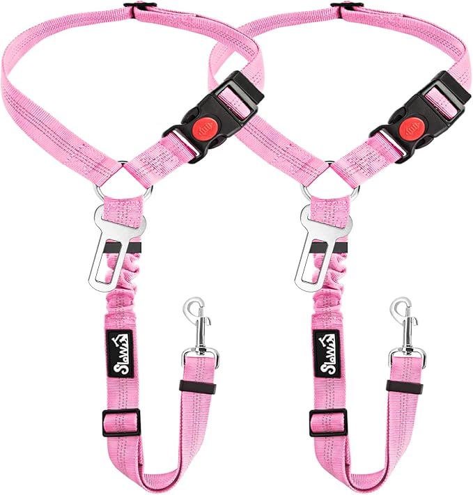 SlowTon Dog Seat Belt for Car, 2 Pack Dog Car Harness Seatbelt Adjustable with Elastic Bungee Buffer, 2 in 1 Pet Car Leash Headrest Restraint Dog Reflective Safety Tether (Pink, Headrest+Clip)-Mewly Pet