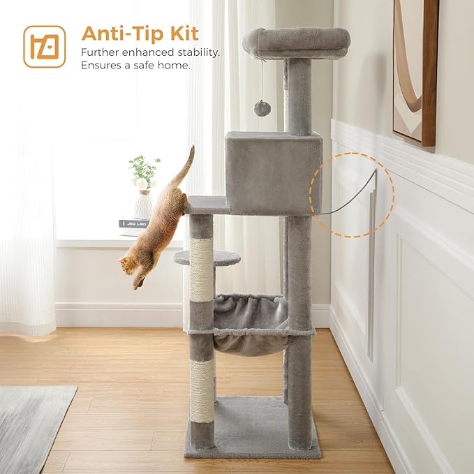Cat Tree for Large Cats Adult with Metal Plush Big Hammock, 56.3" Cat Tower with 2 Door Condo House, 6-Tier Cat Shelves with Scratching Posts and Large Top Perch, Gray-Mewly Pet