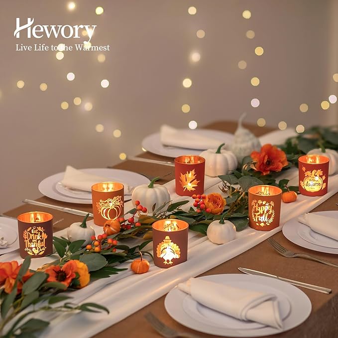 Hewory Thanksgiving Votive Candle Holders: Fall Glass Tea Light Candle Holder Set of 12, Thanksgiving Table Decorations Centerpieces for Dinner Table Fireplace Mantle Fall Decorations for Home Party