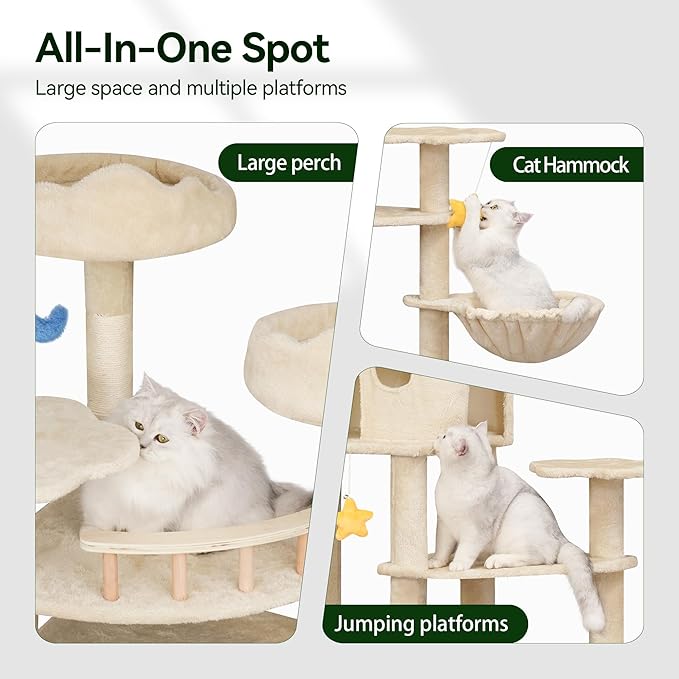 85inch Heavy Duty Cat Tree for Indoor Cats Large Adult, Tall Giant Cat Tower with Scratching Post, Large Perches, Cozy Cat Condos & Hanging Hammocks, Beige-Mewly Pet