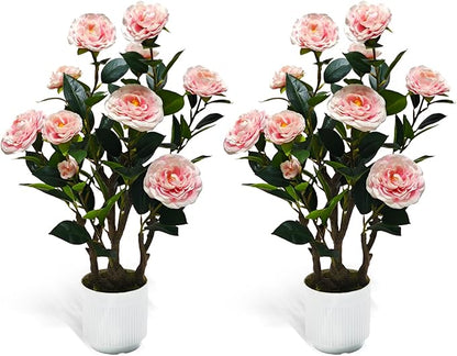 2Pack Artificial Camellia Tree, 2FT Faux Camellia Plant in Pot with Pink Flowers for Spring Home Front Door Outdoor Indoor Decoration,Pink