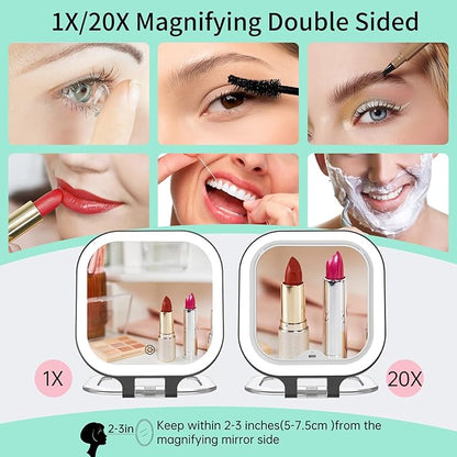 FASCINATE 20X Magnification Rechargeable Travel Makeup Mirror, Lighted Portable Vanity Mirror with 3 Colors Lighting & Stepless Dimming, Double Sided LED Mirror, Gift for Women (White+Bag)